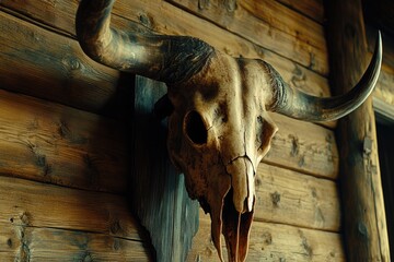 A cow skull mounted on a wooden wall