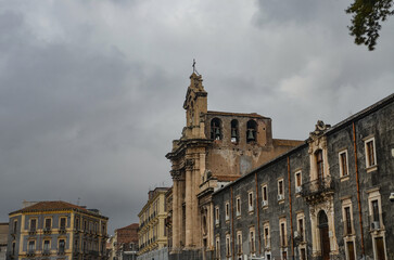 Bell tower of the historic church in Catania