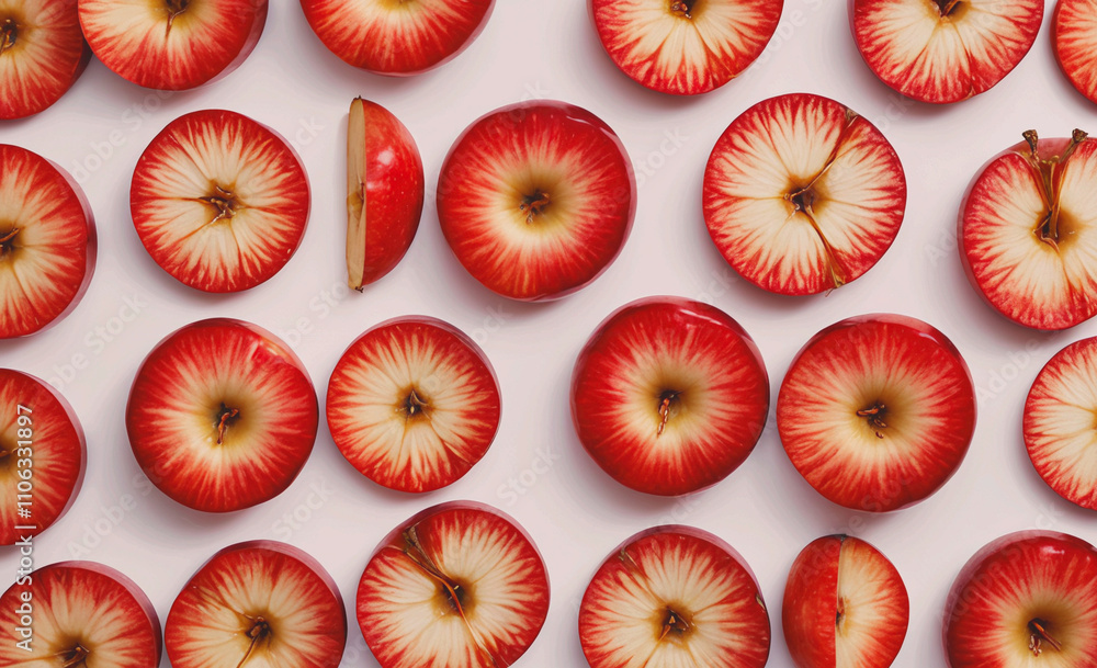 Aufkleber Close up of a red apple with a white background. The apple is sliced in half and has a stem