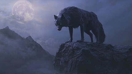 Naklejka premium Majestic Werewolf Under Moonlight - Ultra-Detailed 3D Render of Fierce Creature on Cliff with Mountains in Background