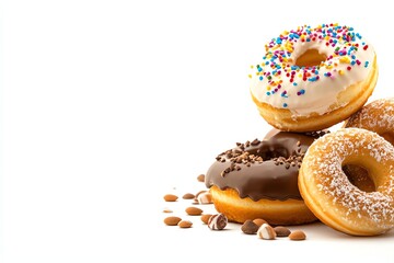A delightful assortment of fresh, colorful donuts displaying various toppings such as sprinkles, chocolate, and powdered sugar. Perfect for indulgent treats or dessert lovers.