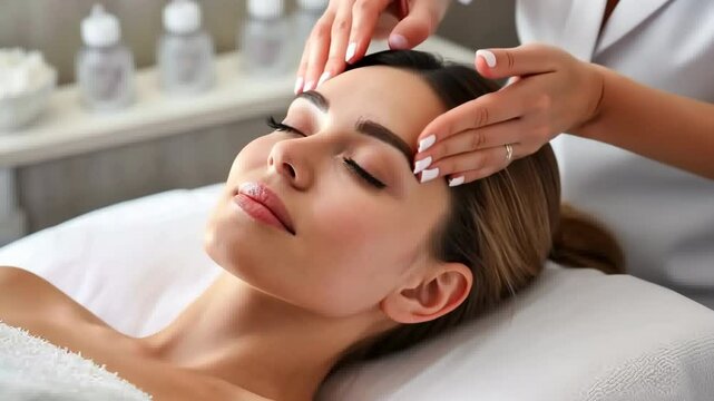 Woman Receiving a Relaxing Spa Facial Treatment. A tranquil scene of a woman lying down, receiving a soothing facial massage in a serene spa setting with soft lighting