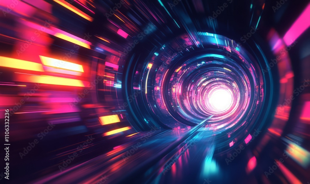 Poster navigating turns in a vibrant and colorful warp speed tunnel wormhole in hyperspace loop