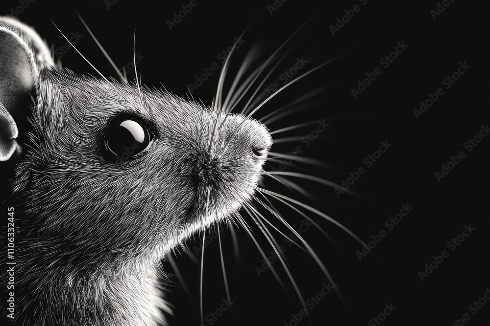 Poster a close-up shot of a small mouse in a black and white environment