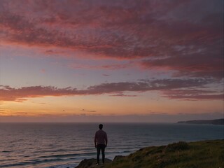 Man standing on a cliff watching a pink sunset over the ocean.