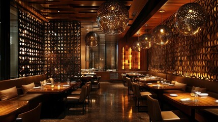 Luxurious restaurant interior with warm lighting, wooden tables, and intricate wall designs.