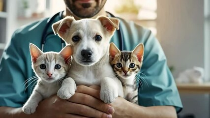 Veterinarian Holding a Puppy and Kittens. Doctor caregiver cares the young animals. bond between humans and pets. 
