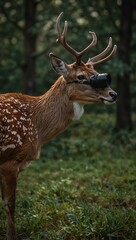 Obraz premium Man taking a photo of a deer.