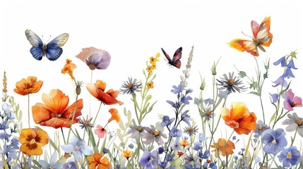 Fototapeta premium A beautiful field of watercolor wildflowers and butterflies, creating a border on a clean white background