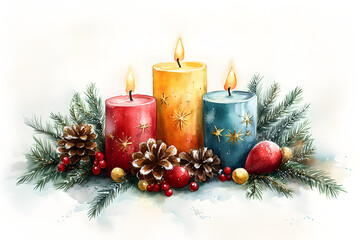 Three colorful burning candles with decoration for german advent season. Christmas watercolor illustration of candle wreath with fir tree branches, cones and berries.