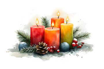 Four colorful burning candles with decoration for german advent season. Christmas watercolor illustration of candle wreath with fir tree branches, cones and berries.