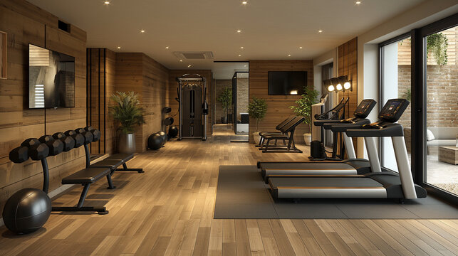 Modern home gym with sleek equipment and warm wooden accents for a perfect workout environment Generative AI