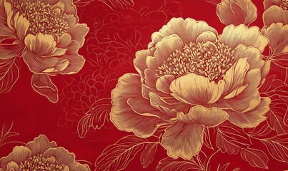 Sophisticated Chinese New Year wallpaper featuring intricate gold peony line art against a luxurious ruby background, perfect for holiday branding
