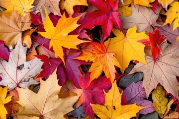 Obraz premium A pile of autumn leaves scattered on the grassy surface