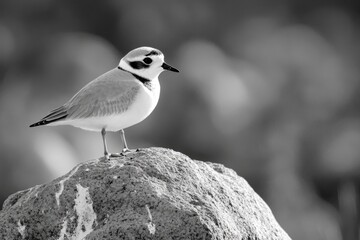 A black and white photo of a bird perched on a rock, looking out at the viewer