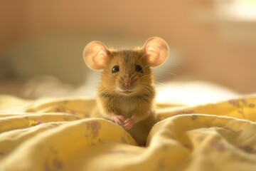 A small brown mouse perched on the edge of a bed, looking curious