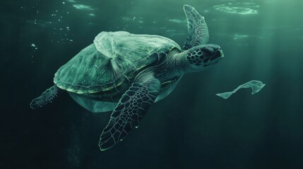 Fototapeta premium Tortuga marina nadando con plástico