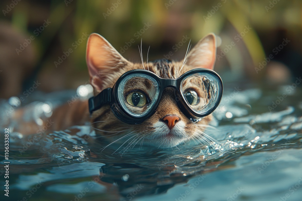 Poster a curious cat floats in a pool wearing goggles
