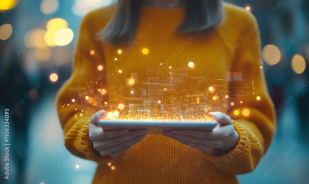 Poster woman in a yellow sweater holding a tablet with digital graphs and glowing data points. futuristic c