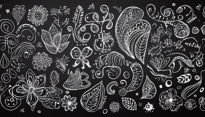 검은 칠판에 분필로 그려진 다양한 패턴과 낙서