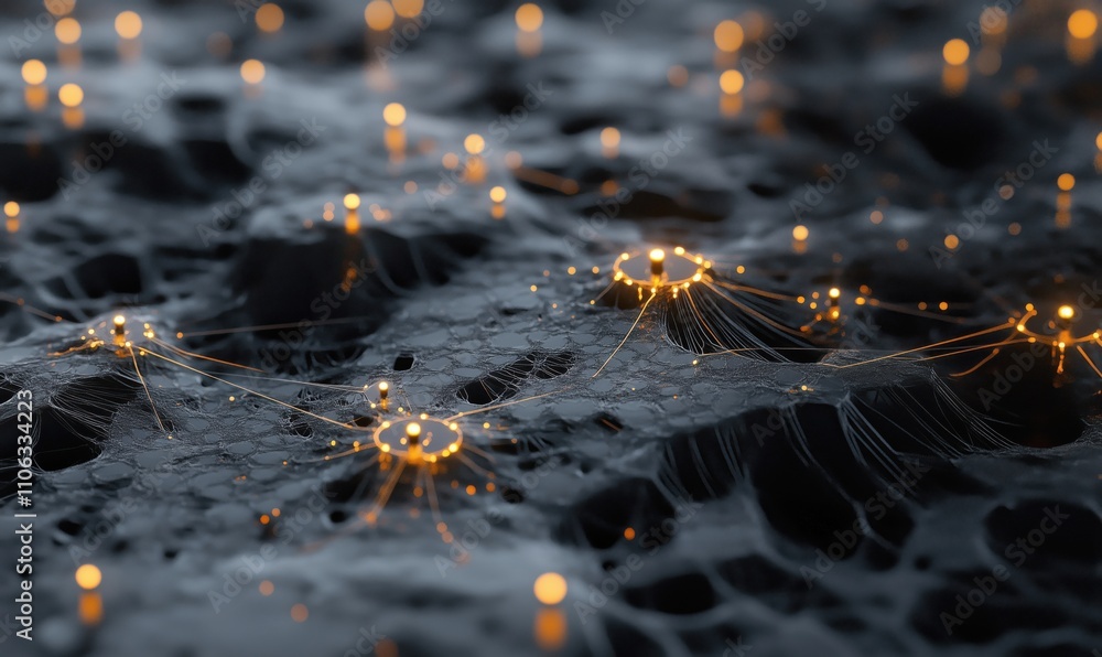 Poster abstract network structure with glowing nodes and connections, intricate web of light and dark textu