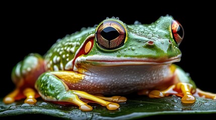 Obraz premium Vibrant green frog with large eyes on leaf.