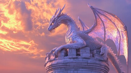 Majestic Fairy Tale Dragon Perched on Castle Turret at Vibrant Sunset - 3D Render Digital Artwork Symbolizing Magic and Legends
