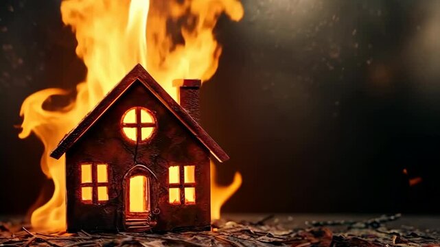 House Ablaze with fire Background. Structure engulfed in flames. Home insurance against potential risks. It safeguards your bungalow or apartment and covers the costs of damages.