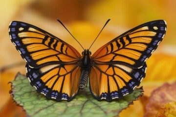 Fototapeta premium A butterfly perched on the edge of a lush green leaf, perfect for illustrating nature and wildlife themes