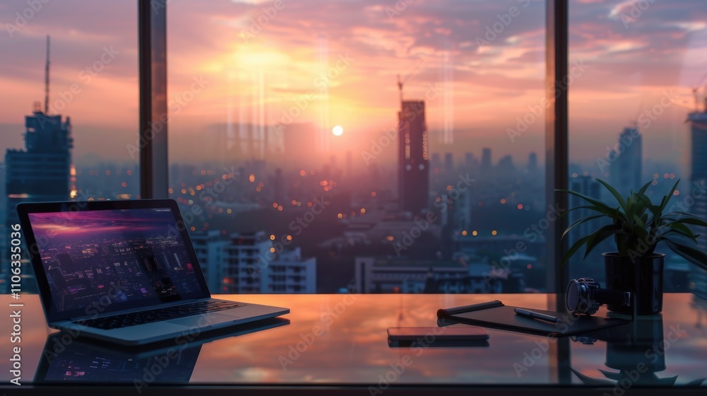 Poster a laptop computer placed on a transparent glass desk, ready for use