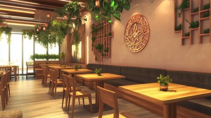 Sunlit modern cafe interior with wooden furniture, plants, and hanging lights.