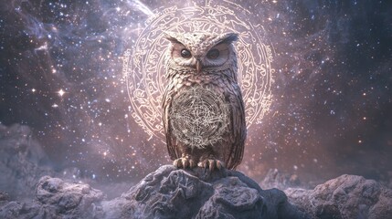 Mystical Wisdom: 3D Render of Wise Owl on Enchanted Branch in Starry Night Sky