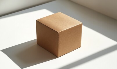 Simple cardboard box with clean lines and natural brown texture, placed on a white surface, with soft shadows creating a sleek and modern look