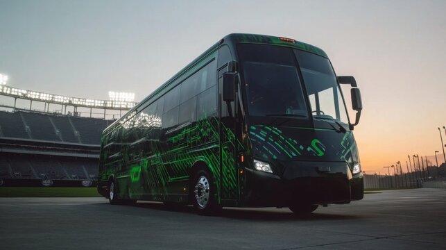 An electric bus with a modern design sits at a transport hub, silhouetted by the sunset and stadium lights, showcasing its green graphics and promoting sustainable transport.