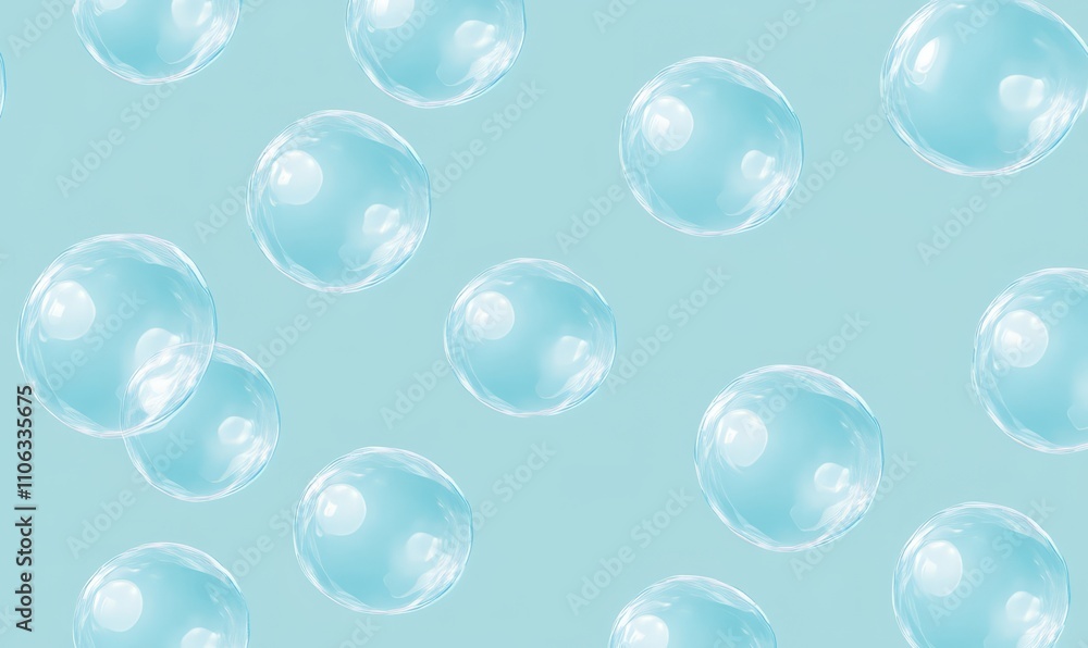 Poster seamless pattern of transparent soap bubbles floating against a light blue background, creating a pl