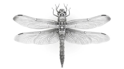 A close-up shot of a dragonfly perched on a white background, providing a clear view of its body and wings