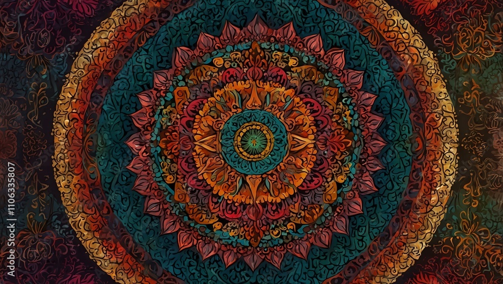 Aufkleber mandala with complex patterns in vibrant colors.