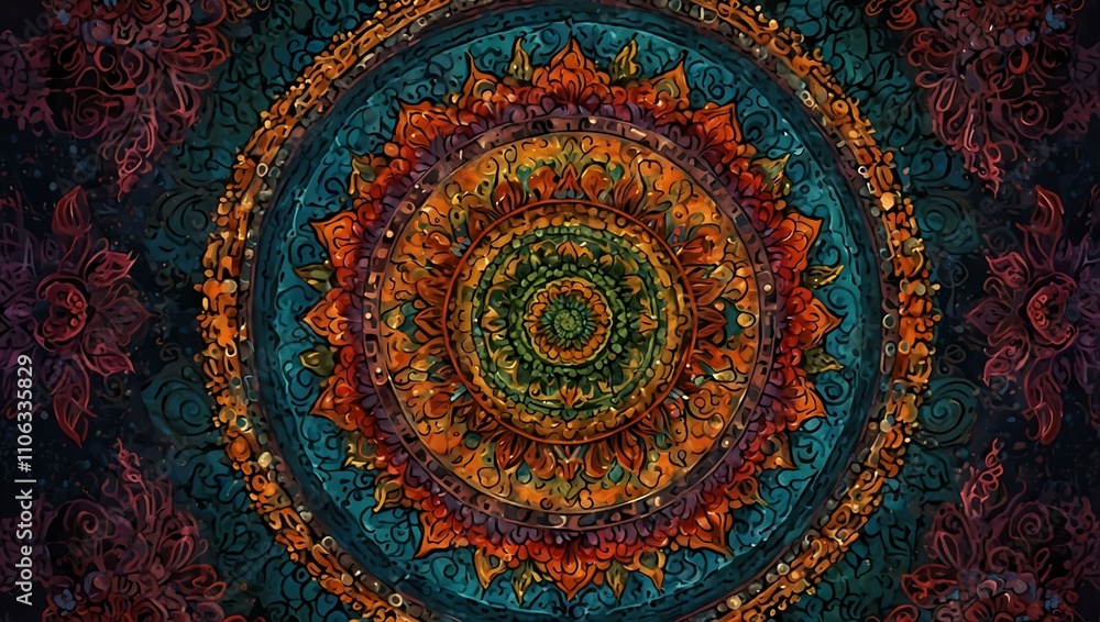 Poster mandala with complex patterns in vibrant colors.