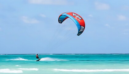 Extreme experience of an active lifestyle: Kiteboarder on an adventure against the blue sky and sea.