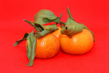 Fresh tangerines with leaves on a colored background, fruits, vitamins.