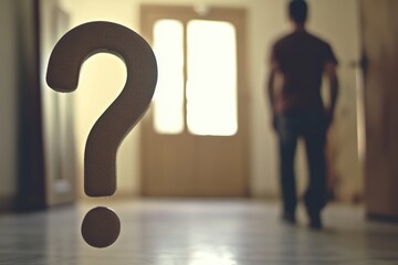 A person stands in a room with a question mark on the floor, contemplating their next move