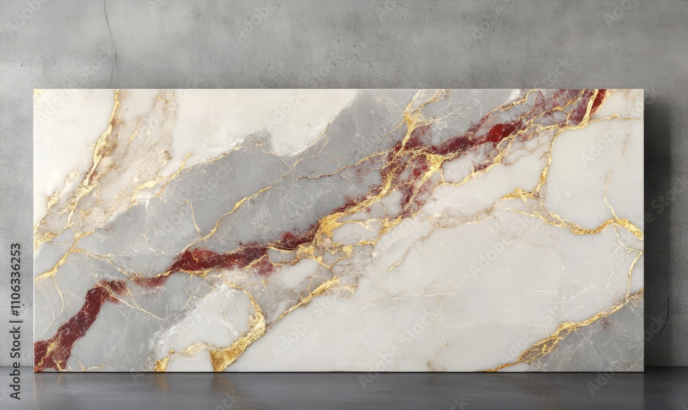 Poster smooth marble slab featuring delicate gold and ruby veining, creating a luxurious and elegant surfac