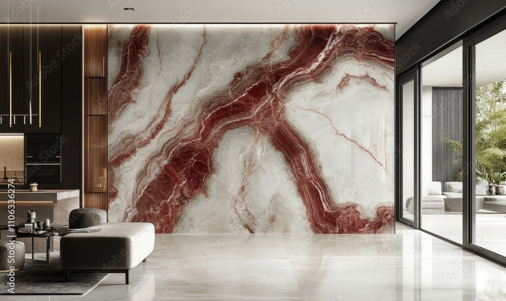 Poster smooth marble slab with red tourmaline and red zircon veining, creating a dramatic yet subtle patter