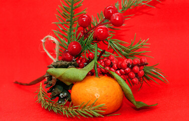 A spruce branch with a pine cone and a tangerine with leaves on a beautiful background, holiday, Christmas.