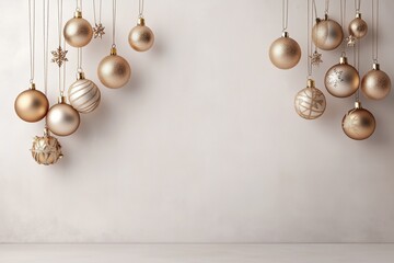 Decoração de natal com bolas suspensas em tons dourados, vermelhos e prateados, sobre fundo neutro, criada com IA generativa.