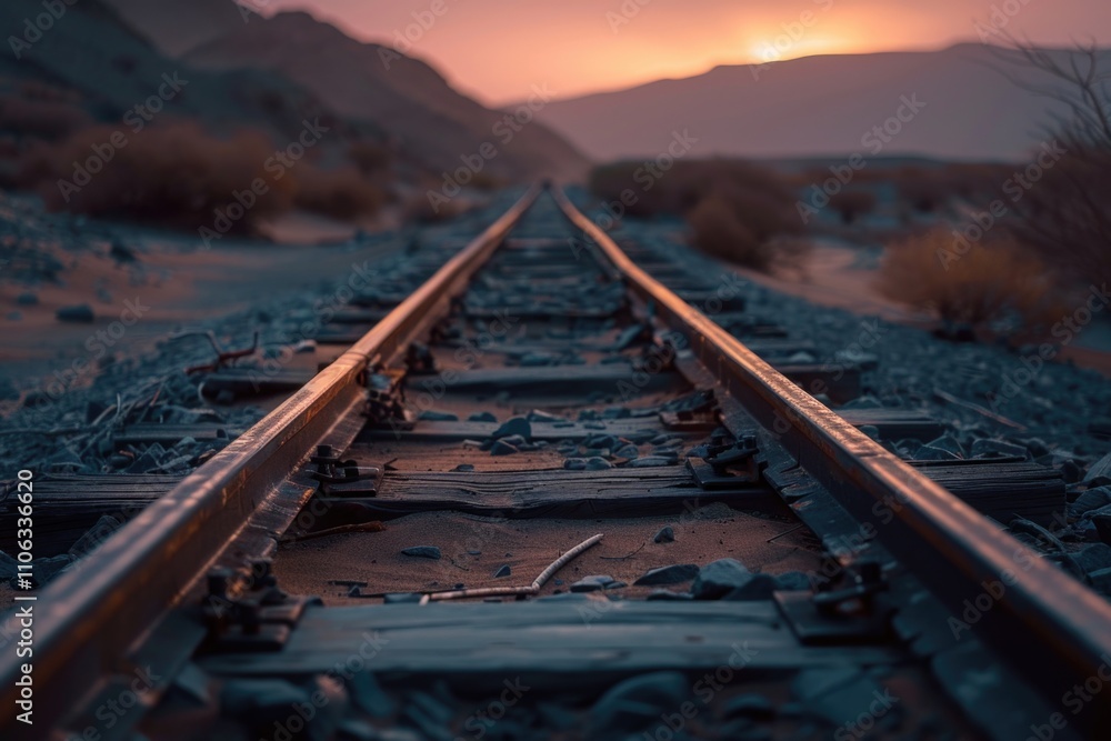 Poster a train track with a beautiful sunset in the background