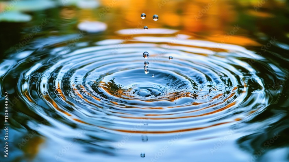 Poster a single water droplet falls from above into a calm pond, creating ripples on the surface