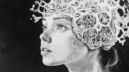 Retrato artístico de mujer con estructura cerebral abstracta