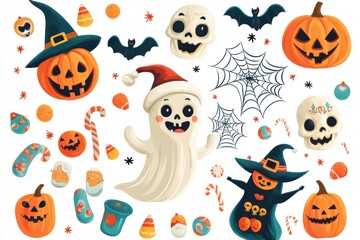 Fototapeta premium A collection of Halloween treats and decorations featuring a ghost, pumpkins, and candy