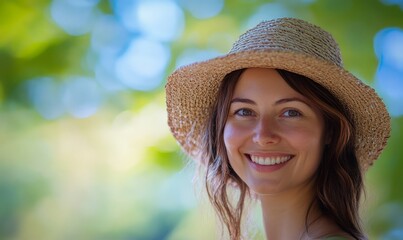 Smiling woman in a straw hat with bright blue bokeh background, summer vibes
